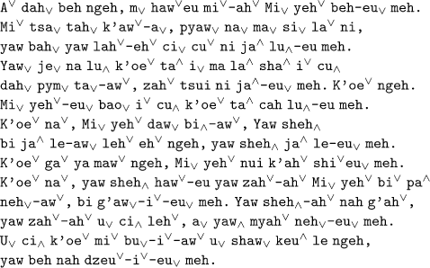 Transliteration of the sample text in the New Akha alphabet