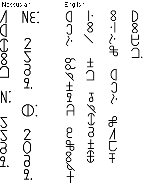 Sample text in the Scientific Delta Menurae alphabet in Nessusian and English