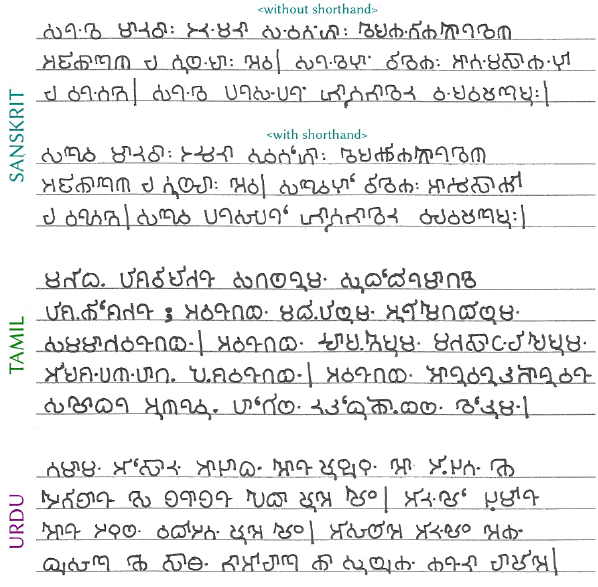 Article 1 of the Unversal Declaration of Human Rights in Newbrahmi in Sanskrit, Tamil and Urdu