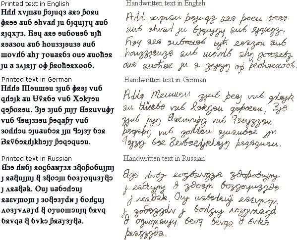 Sample texts in English, German and Russian in the Grand Alphabet