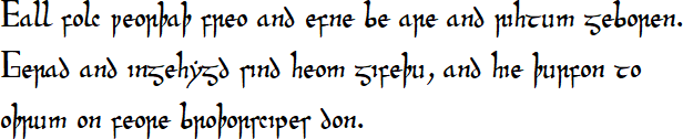 Eall folc weorþaþ frēo and efne bē āre and rihtum ġeboren. Ġerād and inġehyġd sind heom ġifeþu, and hīe þurfon tō ōþrum ōn fēore brōþorsċipes dōn.