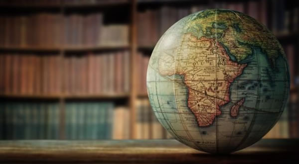 Illustration of a globe in a library