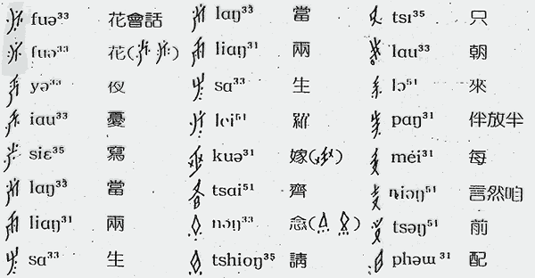 A selection of Nüshu characters and their Chinese equivalent